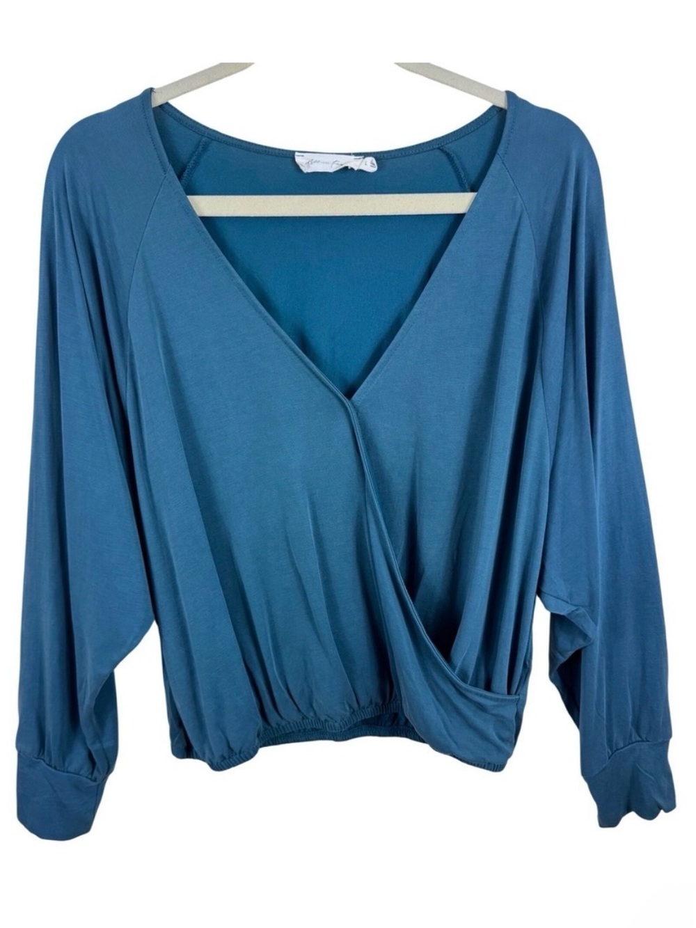 All in Favor Women Teal Blue Surplice Faux Wrap Dolman Sleeve Top Large